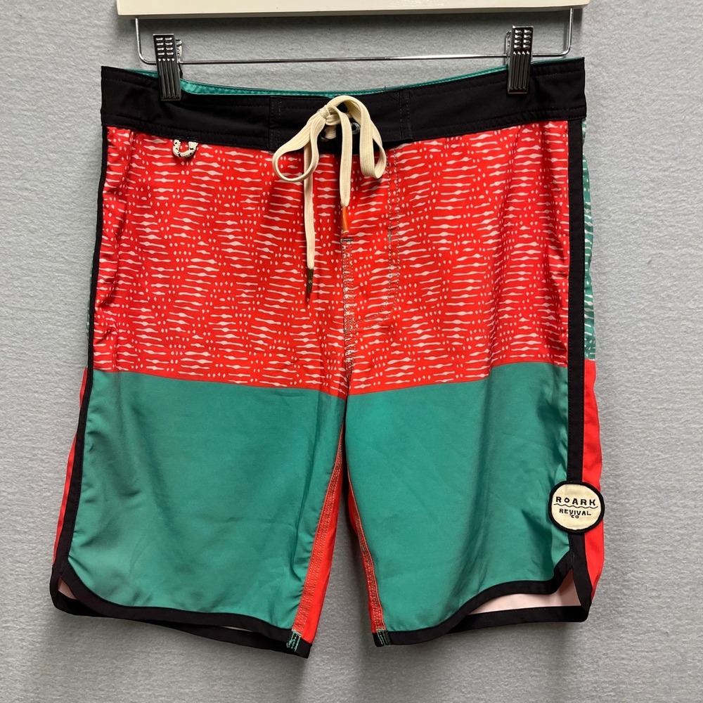Roark Revival Men 30 Board Shorts Red Teal Geometric Colorblock Swim Trunks 31W